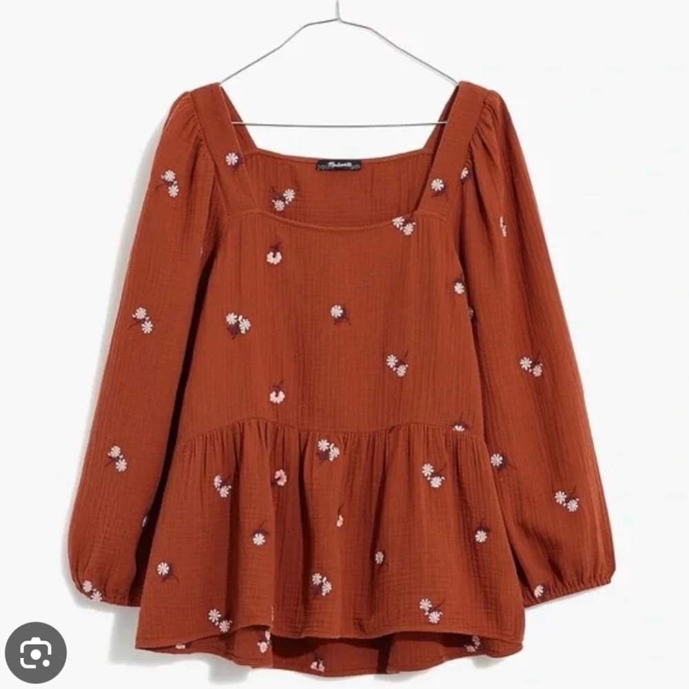 Madewell Amie Floral Embroidered peasant  Millbrook Puff  Peplum Top Boho XS S‎